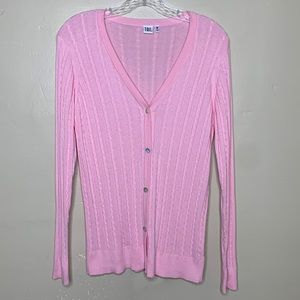 TAIL Cardigan Sweater Pink Barbiecore Cable Knit  Preppy Old Money Medium